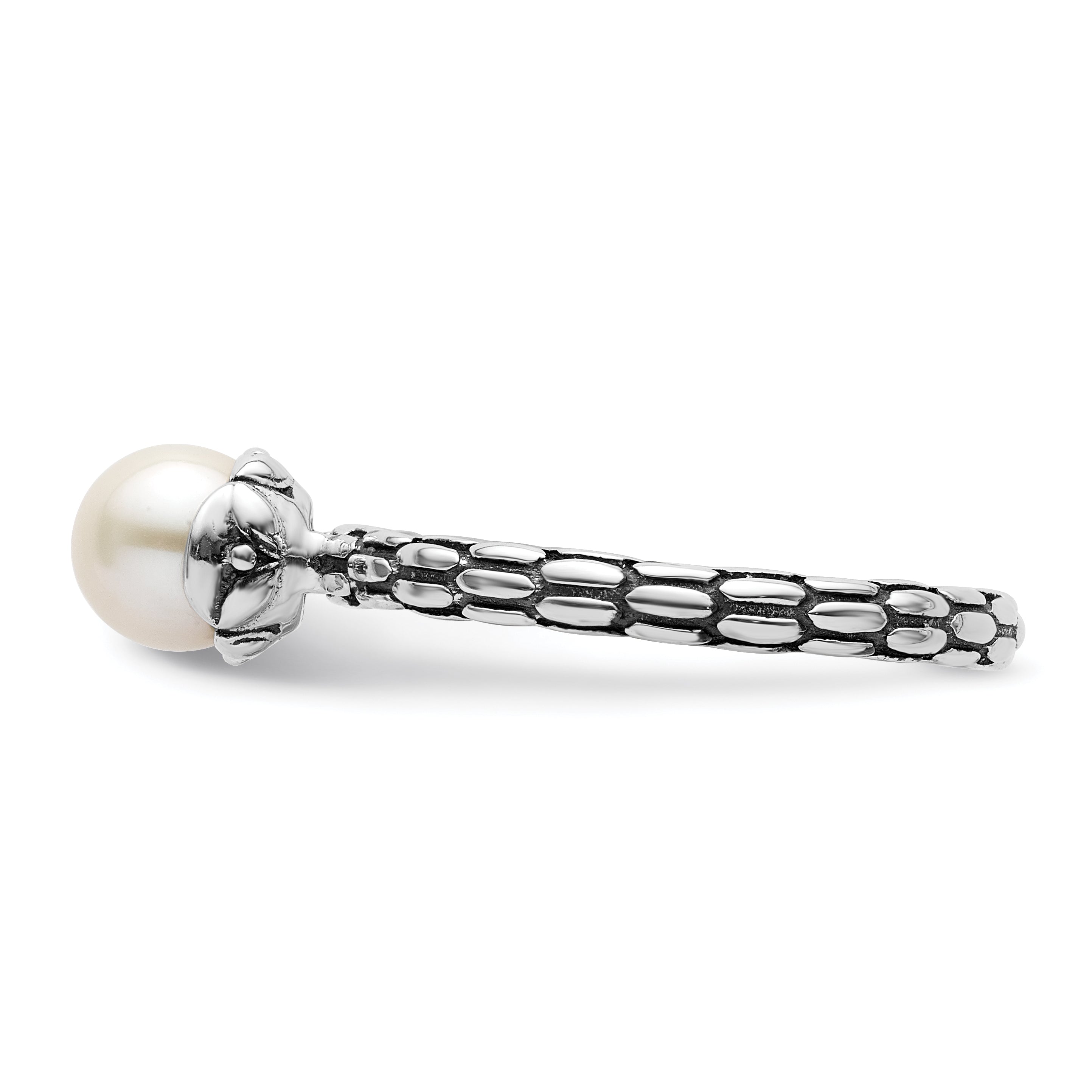 Sterling Silver Stack Exp. Polished Patterned White Fw Cultured Pearl Ring