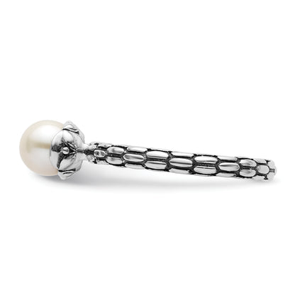 Sterling Silver Stack Exp. Polished Patterned White Fw Cultured Pearl Ring