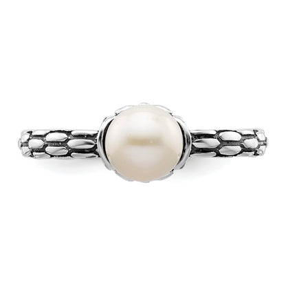 Sterling Silver Stack Exp. Polished Patterned White Fw Cultured Pearl Ring