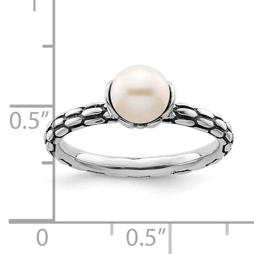 Sterling Silver Stack Exp. Polished Patterned White Fw Cultured Pearl Ring