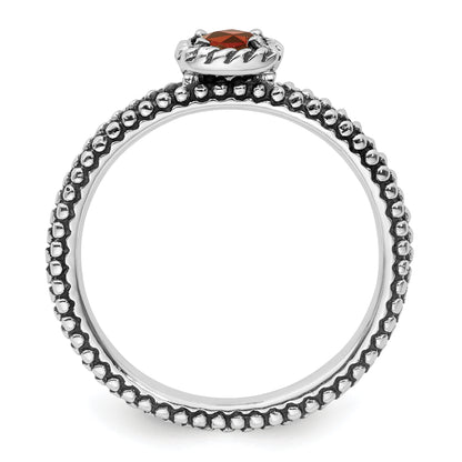 Sterling Silver Stackable Expressions Checker Cut Garnet Antiqued Ring