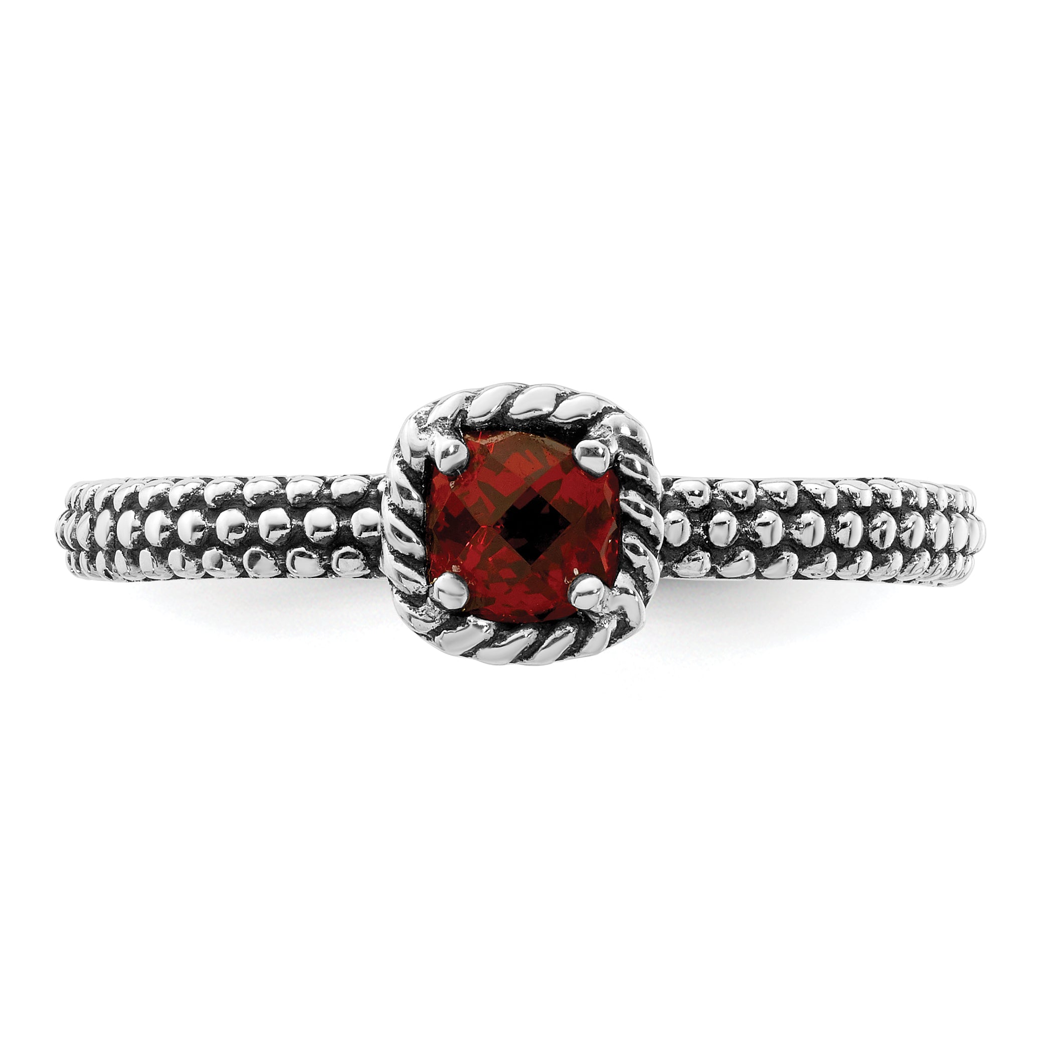 Sterling Silver Stackable Expressions Checker Cut Garnet Antiqued Ring