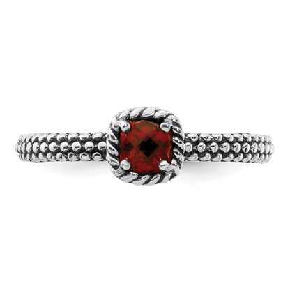 Sterling Silver Stackable Expressions Checker Cut Garnet Antiqued Ring