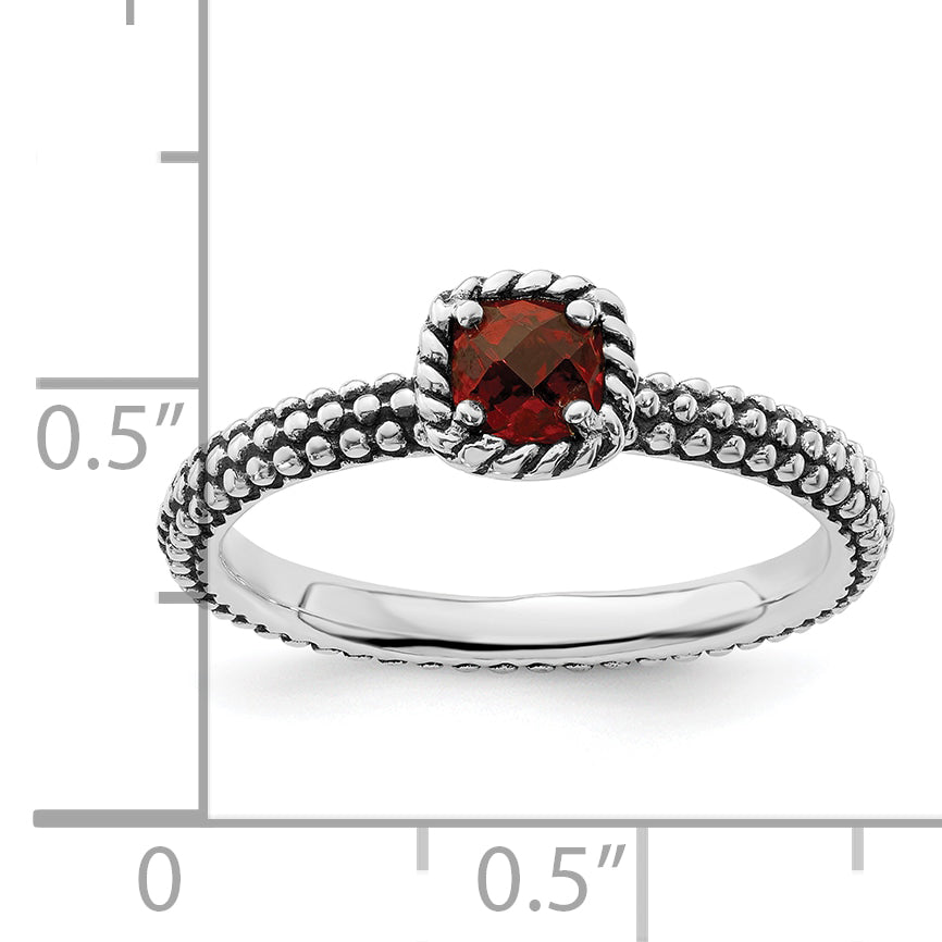 Sterling Silver Stackable Expressions Checker Cut Garnet Antiqued Ring