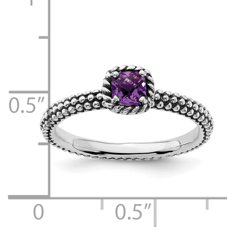 Sterling Silver Stackable Expressions Checker Cut Amethyst Antiqued Ring