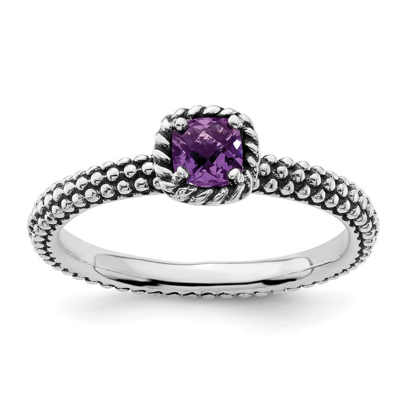 Sterling Silver Stackable Expressions Checker Cut Amethyst Antiqued Ring