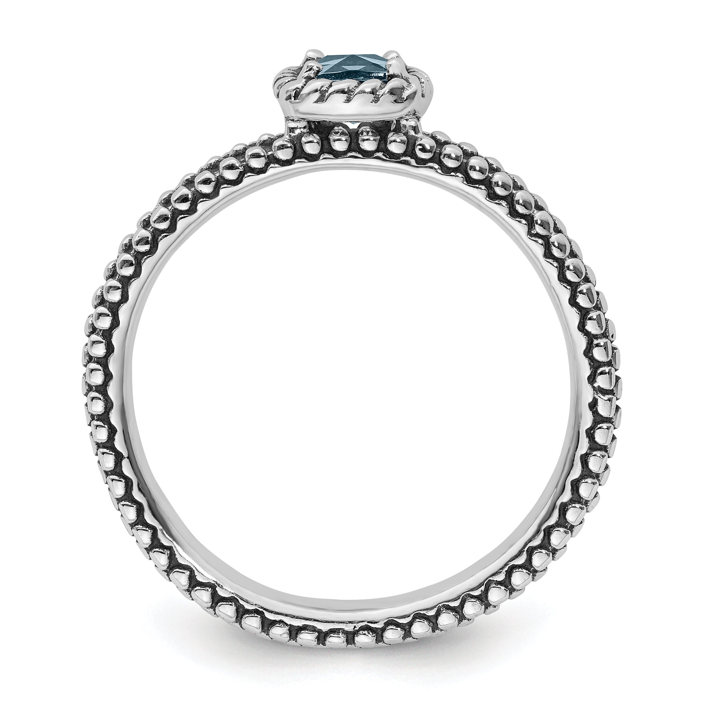 Sterling Silver Stackable Expressions Checker Cut Aquamarine Antiqued Ring