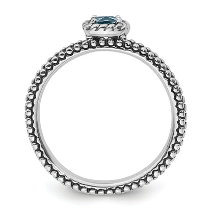 Sterling Silver Stackable Expressions Checker Cut Aquamarine Antiqued Ring