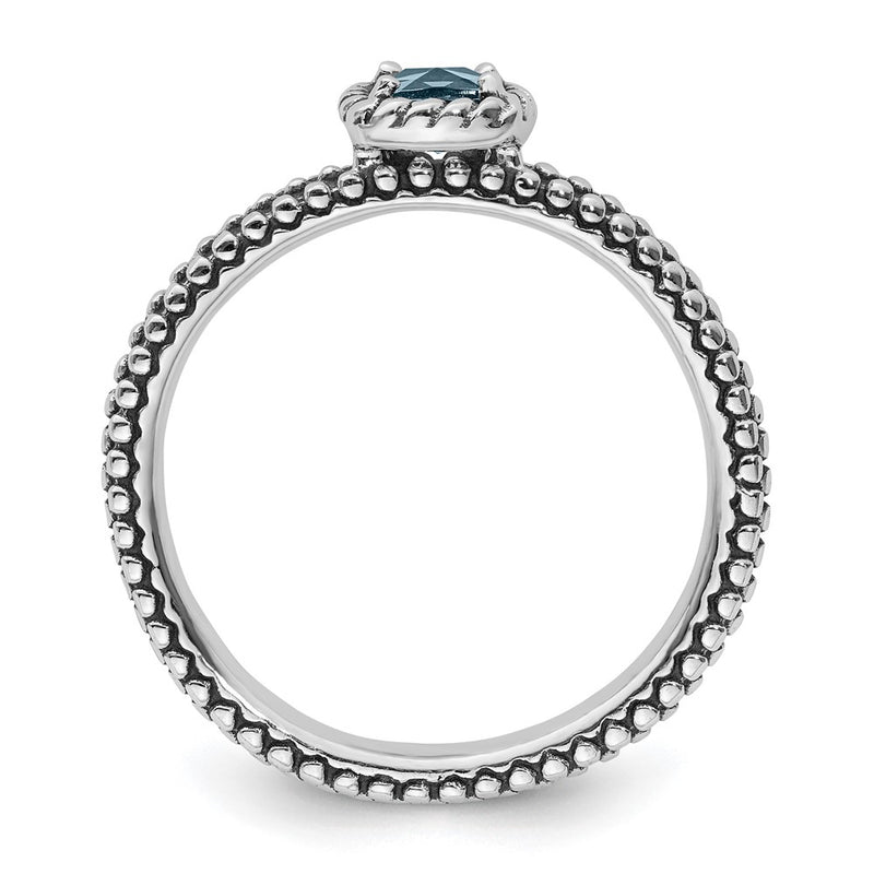 Sterling Silver Stackable Expressions Checker Cut Aquamarine Antiqued Ring