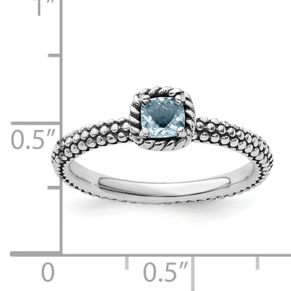 Sterling Silver Stackable Expressions Checker Cut Aquamarine Antiqued Ring
