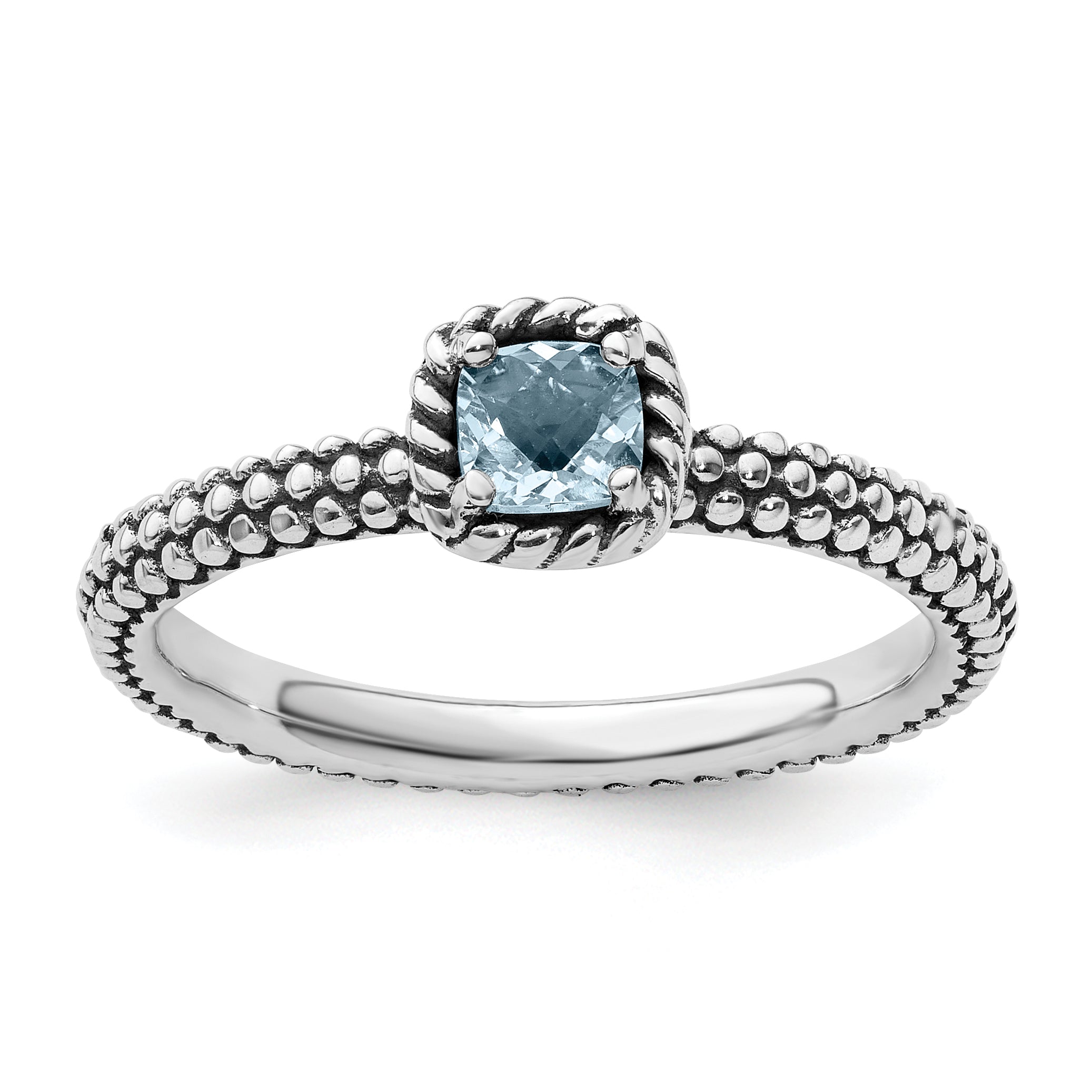 Sterling Silver Stackable Expressions Checker Cut Aquamarine Antiqued Ring