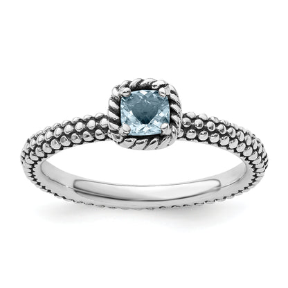 Sterling Silver Stackable Expressions Checker Cut Aquamarine Antiqued Ring