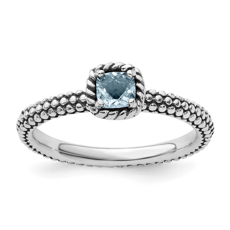Sterling Silver Stackable Expressions Checker Cut Aquamarine Antiqued Ring