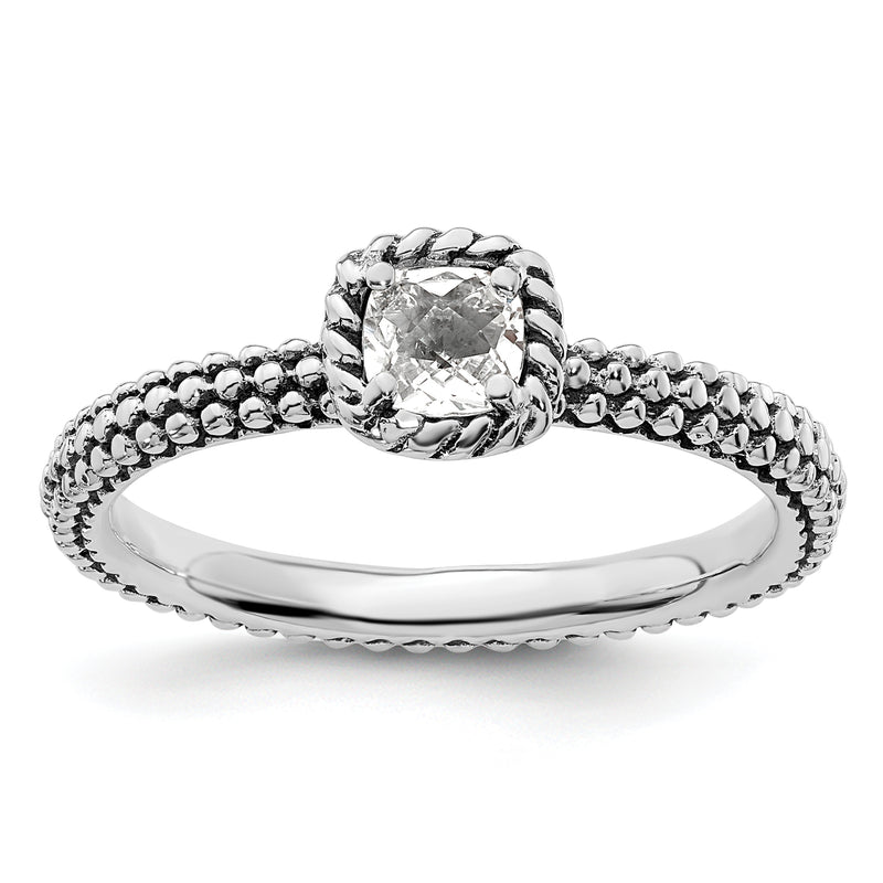 Sterling Silver Stackable Expressions Checker Cut White Topaz Antiqued Ring