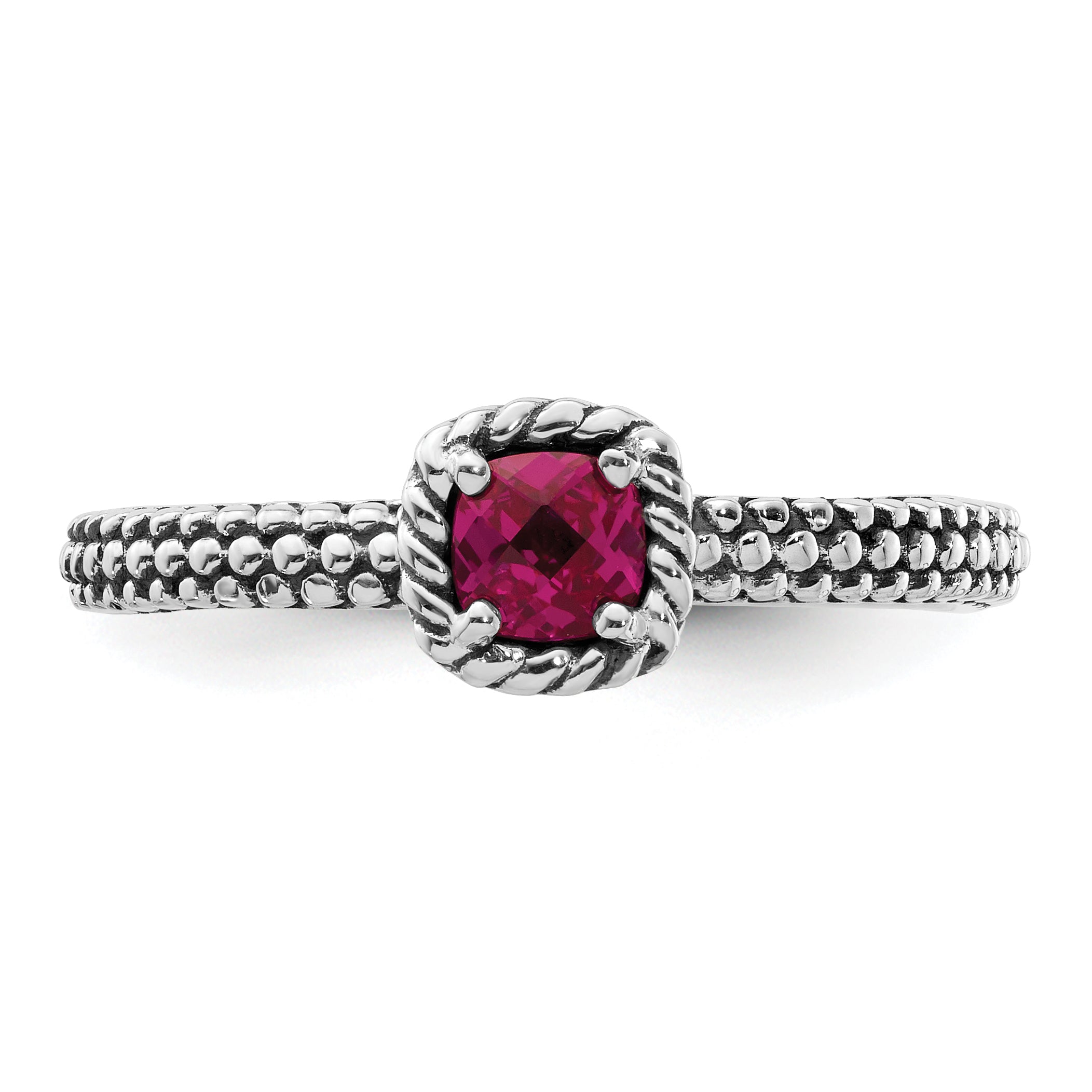 Sterling Silver Stackable Expressions Checker Cut Cr Ruby Antiqued Ring