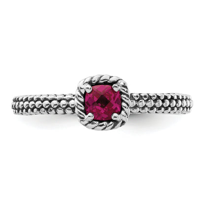 Sterling Silver Stackable Expressions Checker Cut Cr Ruby Antiqued Ring