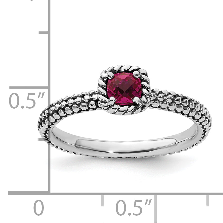 Sterling Silver Stackable Expressions Checker Cut Cr Ruby Antiqued Ring