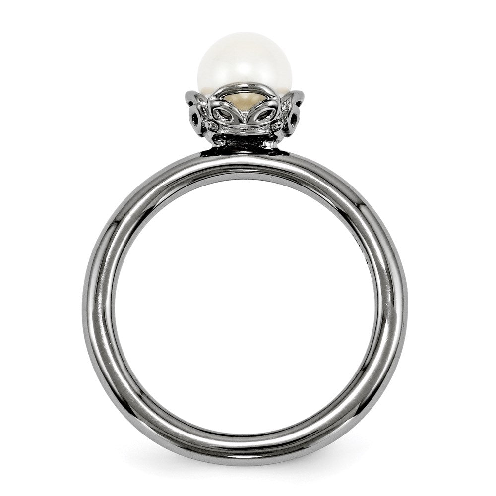 Sterling Silver Stack Exp. White Fw Cultured Pearl Black Plate Ring