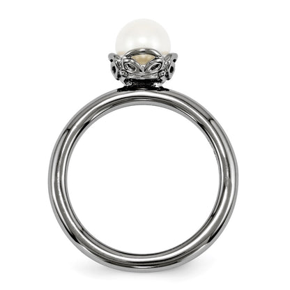 Sterling Silver Stack Exp. White Fw Cultured Pearl Black Plate Ring
