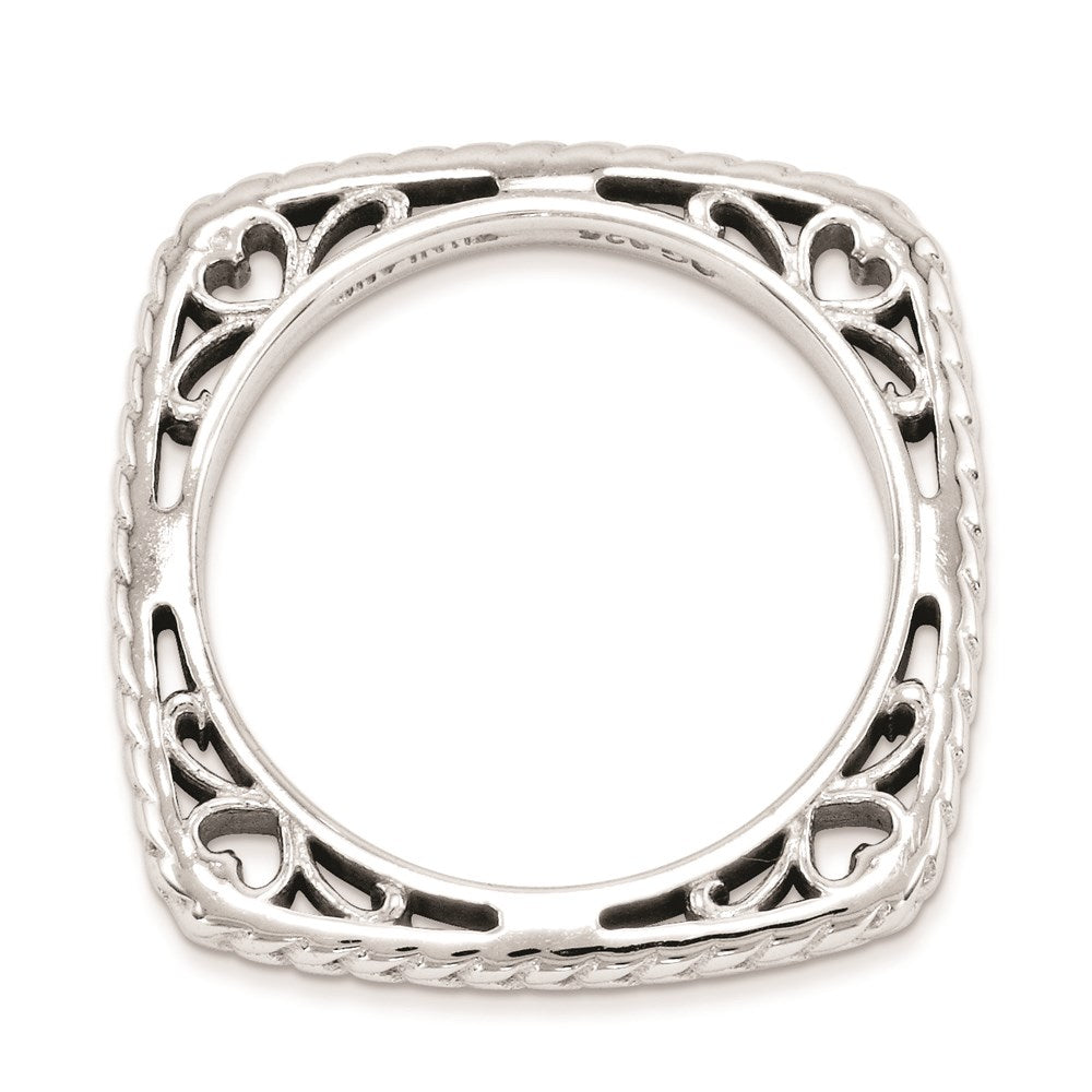 Sterling Silver Stackable Expressions Polished Rhodium Plate Square Ring (Size 6 Only)