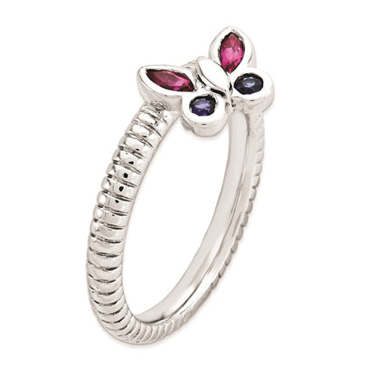 Sterling Silver Stackable Expressions Cr. Ruby, Sapphire Butterfly Ring
