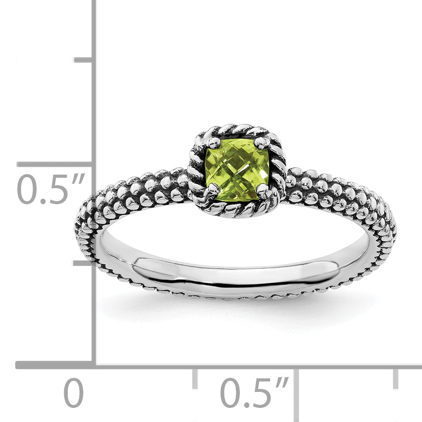 Sterling Silver Stackable Expressions Checker Cut Peridot Antiqued Ring