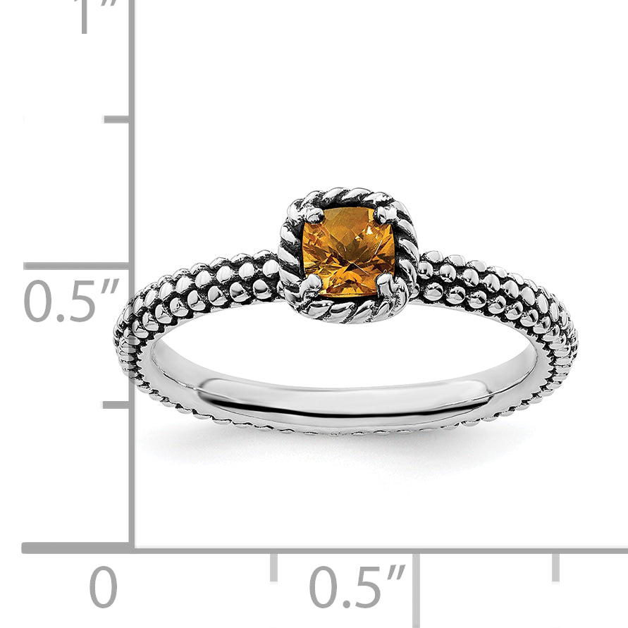 Sterling Silver Stackable Expressions Checker Cut Citrine Antiqued Ring