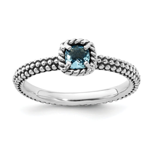 Sterling Silver Stackable Expressions Checker Cut Blue Topaz Antiqued Ring