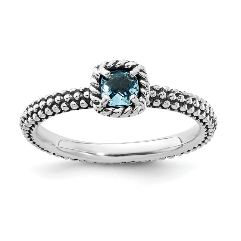 Sterling Silver Stackable Expressions Checker Cut Blue Topaz Antiqued Ring