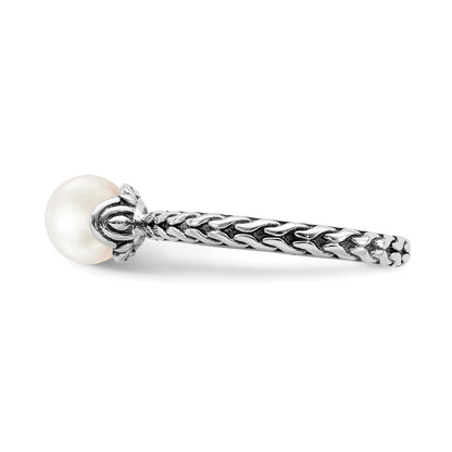 Sterling Silver Stack Exp. 7.0 7.5mm White Fw Cultured Pearl Ring