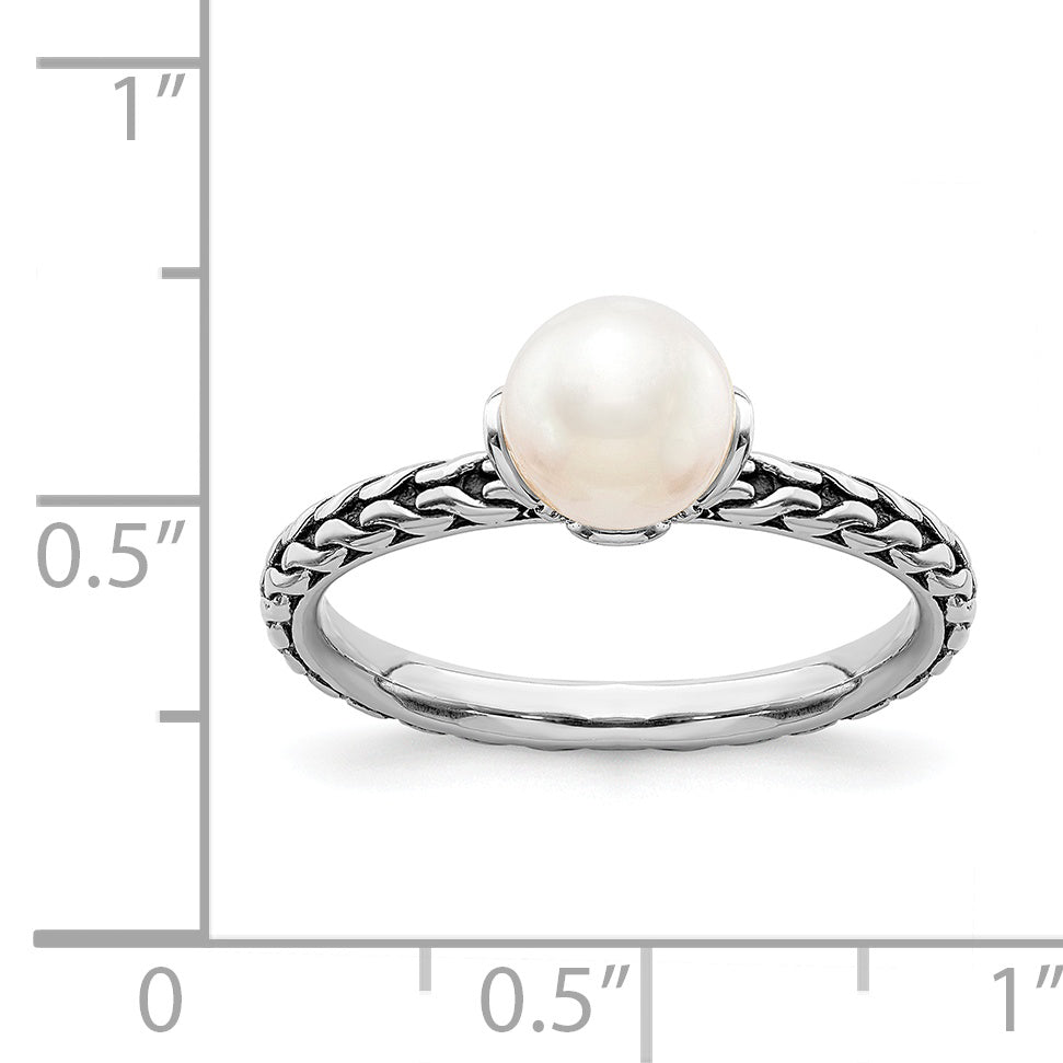 Sterling Silver Stack Exp. 7.0 7.5mm White Fw Cultured Pearl Ring