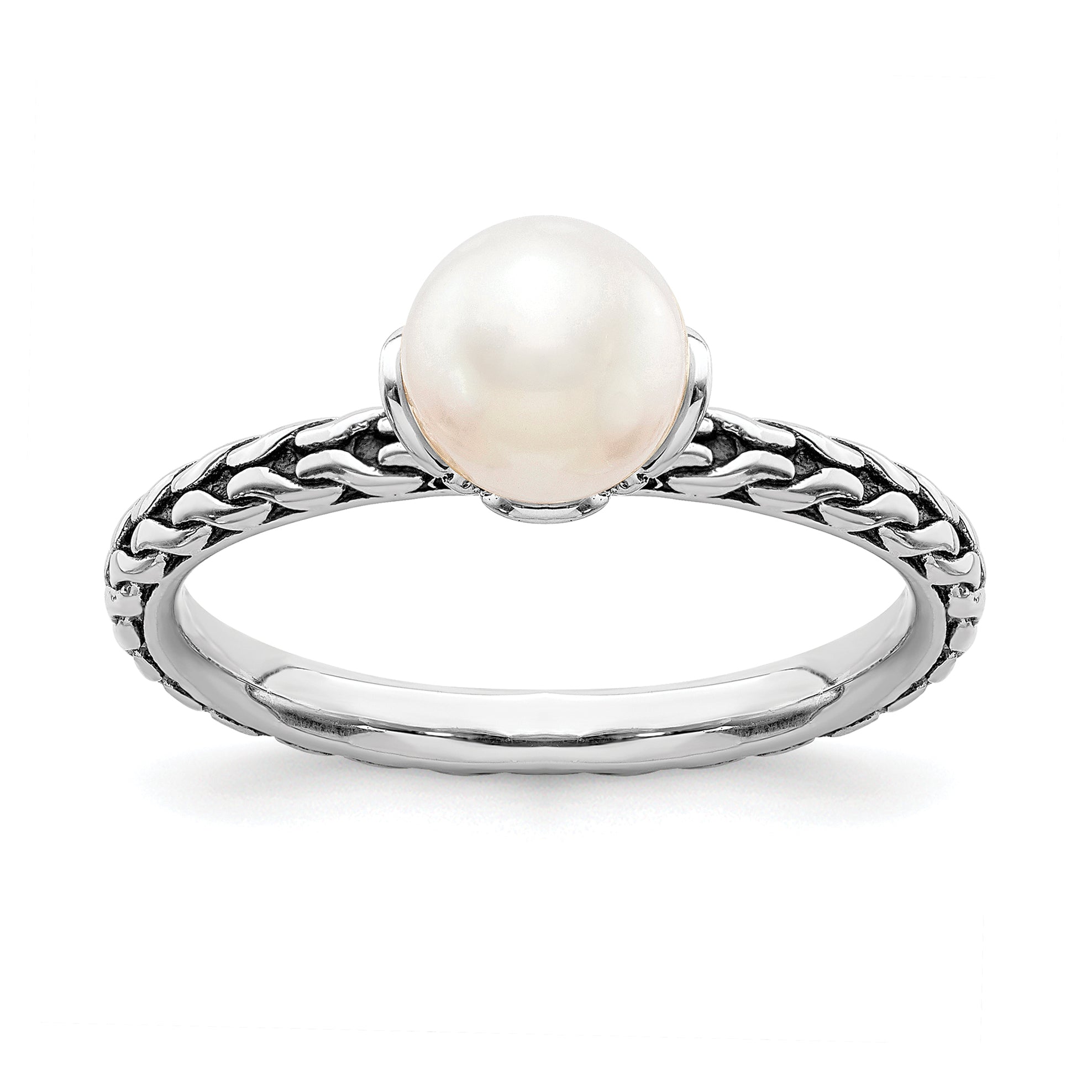 Sterling Silver Stack Exp. 7.0 7.5mm White Fw Cultured Pearl Ring