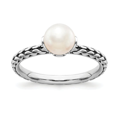 Sterling Silver Stack Exp. 7.0 7.5mm White Fw Cultured Pearl Ring