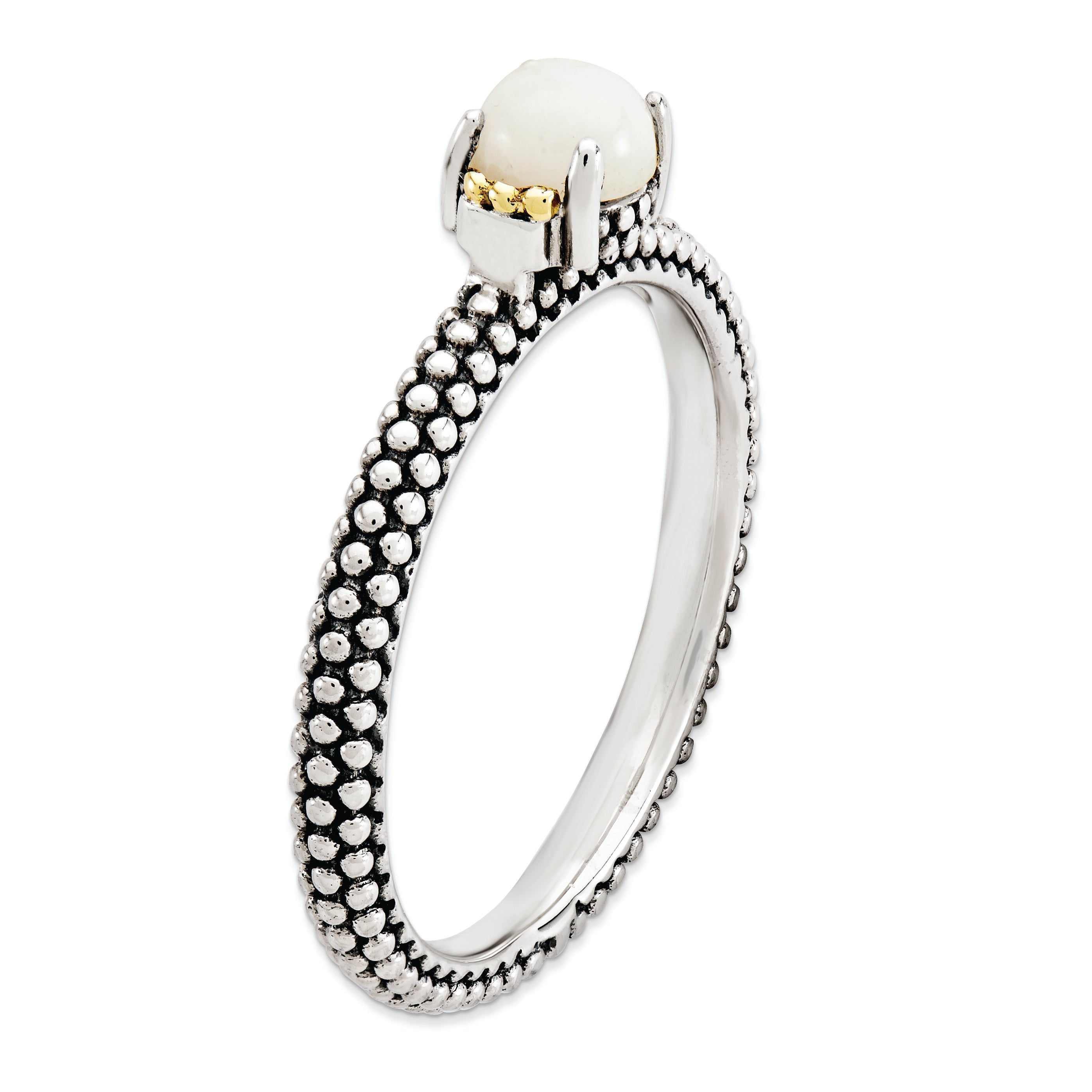 14K/Silver Two Tone Sterling Silver & 14K Stackable Expressions White Agate Antiqued Ring (Size 7 Only)