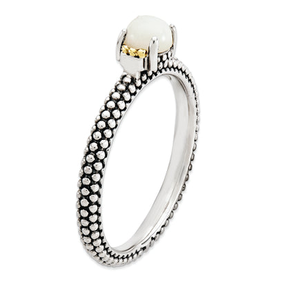 14K/Silver Two Tone Sterling Silver & 14K Stackable Expressions White Agate Antiqued Ring (Size 7 Only)