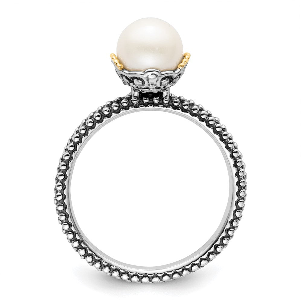 14K/Silver Two Tone Sterling Silver & 14K Stack Exp. 7.0 7.5mm White Fw Cultured Pearl Ring