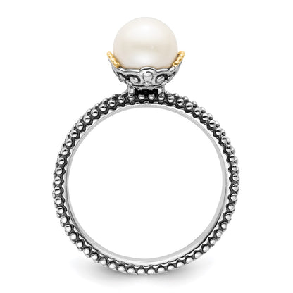 14K/Silver Two Tone Sterling Silver & 14K Stack Exp. 7.0 7.5mm White Fw Cultured Pearl Ring
