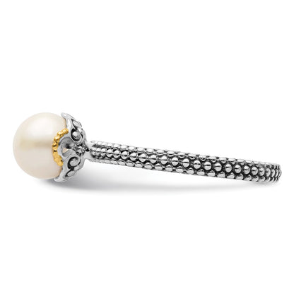 14K/Silver Two Tone Sterling Silver & 14K Stack Exp. 7.0 7.5mm White Fw Cultured Pearl Ring