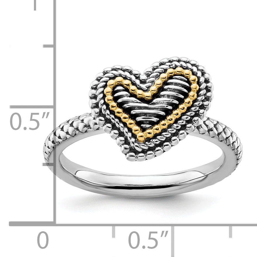 14K/Silver Two Tone Sterling Silver & 14K Stackable Expressions Antiqued Heart Ring (Size 7 Only)