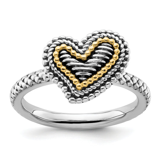 14K/Silver Two Tone Sterling Silver & 14K Stackable Expressions Antiqued Heart Ring (Size 7 Only)