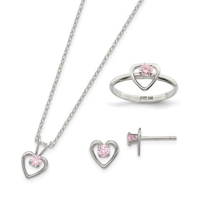Sterling Silver Polished Pink Cz Heart Children'S 15In Necklace, Size 3 Ring & Post Earrings Set