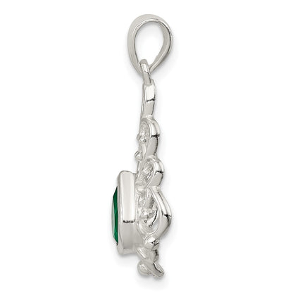 Sterling Silver Polished Green Agate Pendant And Post Earrings Set