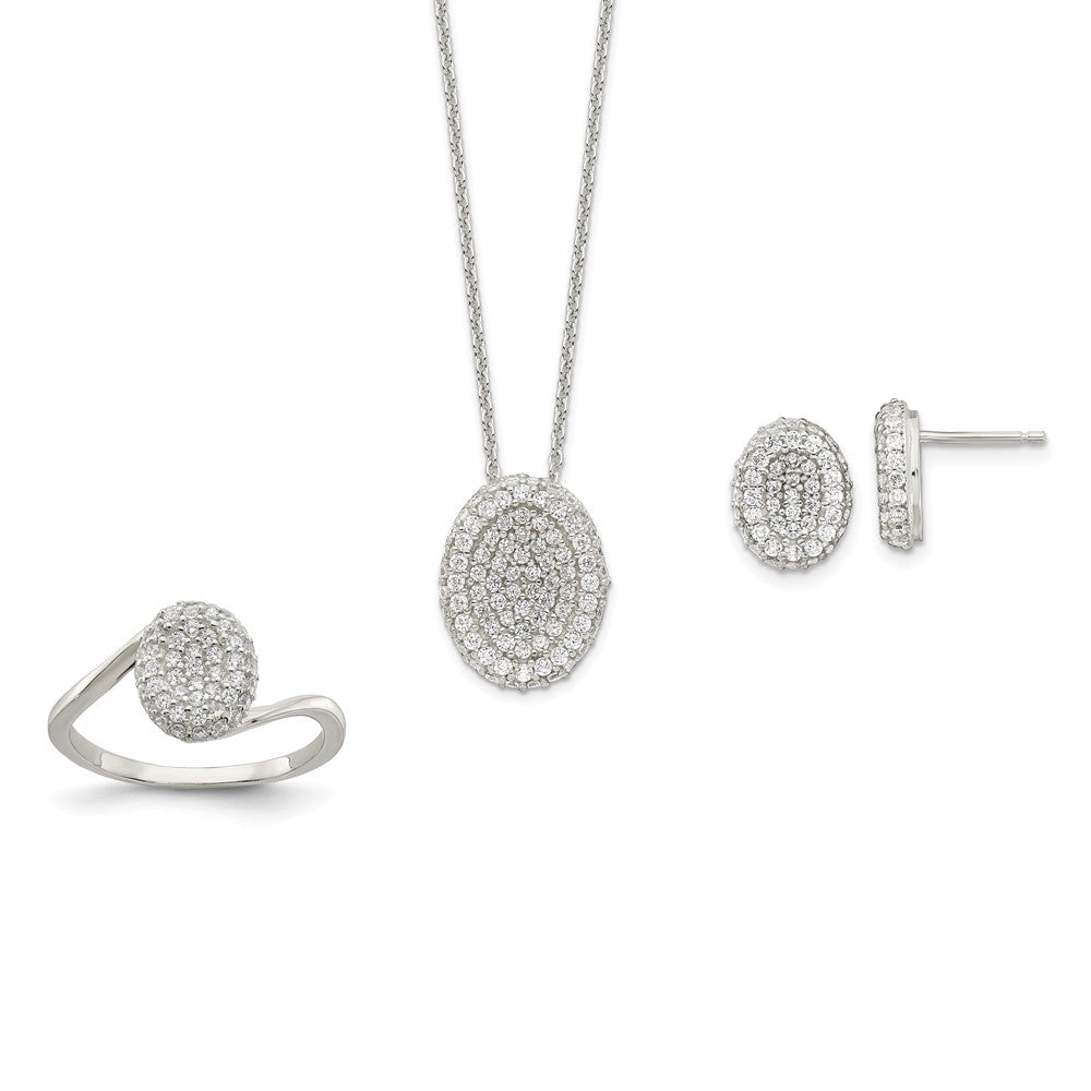 Sterling Silver 16 In W/1.5 Ext. Cz Oval Necklace, Earrings, Ring Set