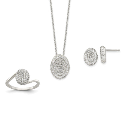Sterling Silver 16 In W/1.5 Ext. Cz Oval Necklace, Earrings, Ring Set