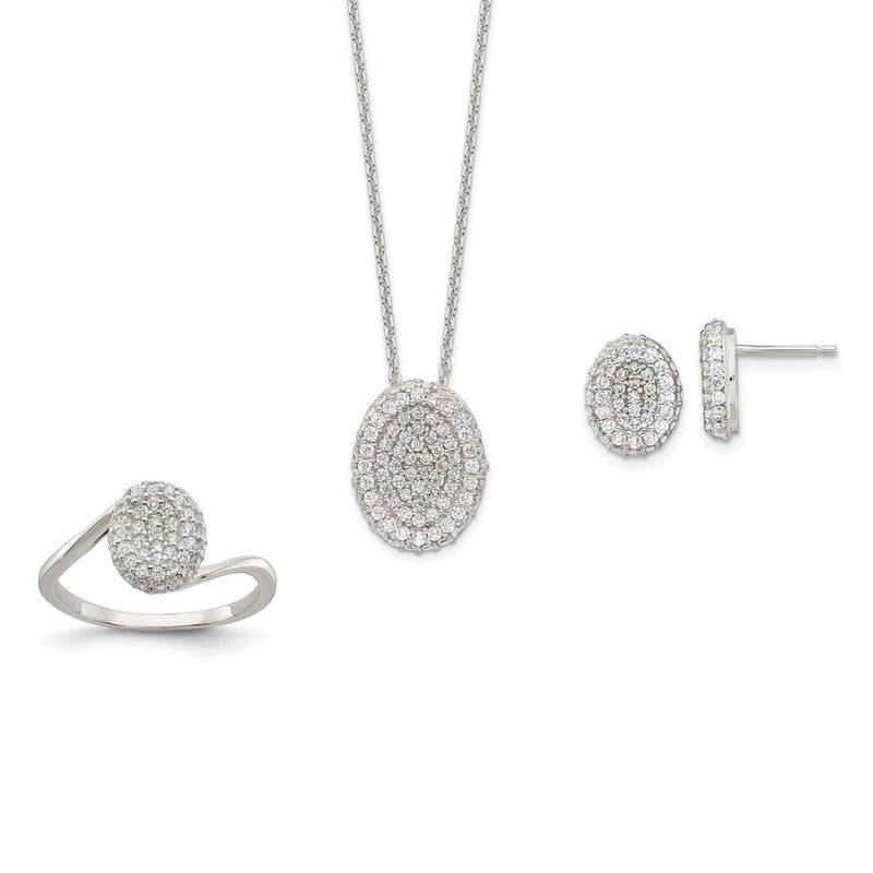 Sterling Silver 16 In W/1.5 Ext. Cz Oval Necklace, Earrings, Ring Set
