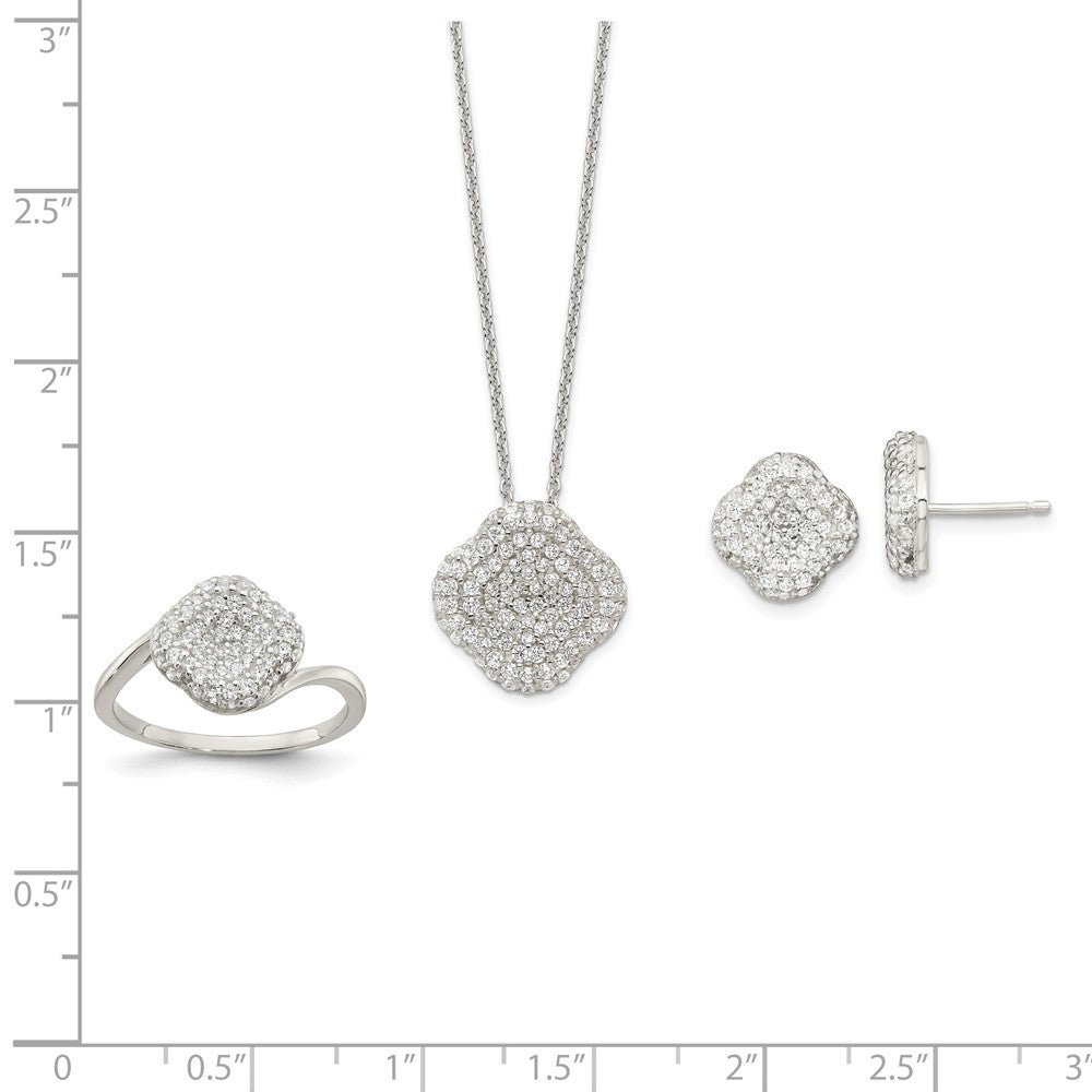 Sterling Silver 16In W/1.5 In Ext Cz Square Necklace/Earrings/Ring Set