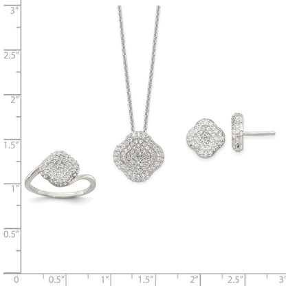 Sterling Silver 16In W/1.5 In Ext Cz Square Necklace/Earrings/Ring Set