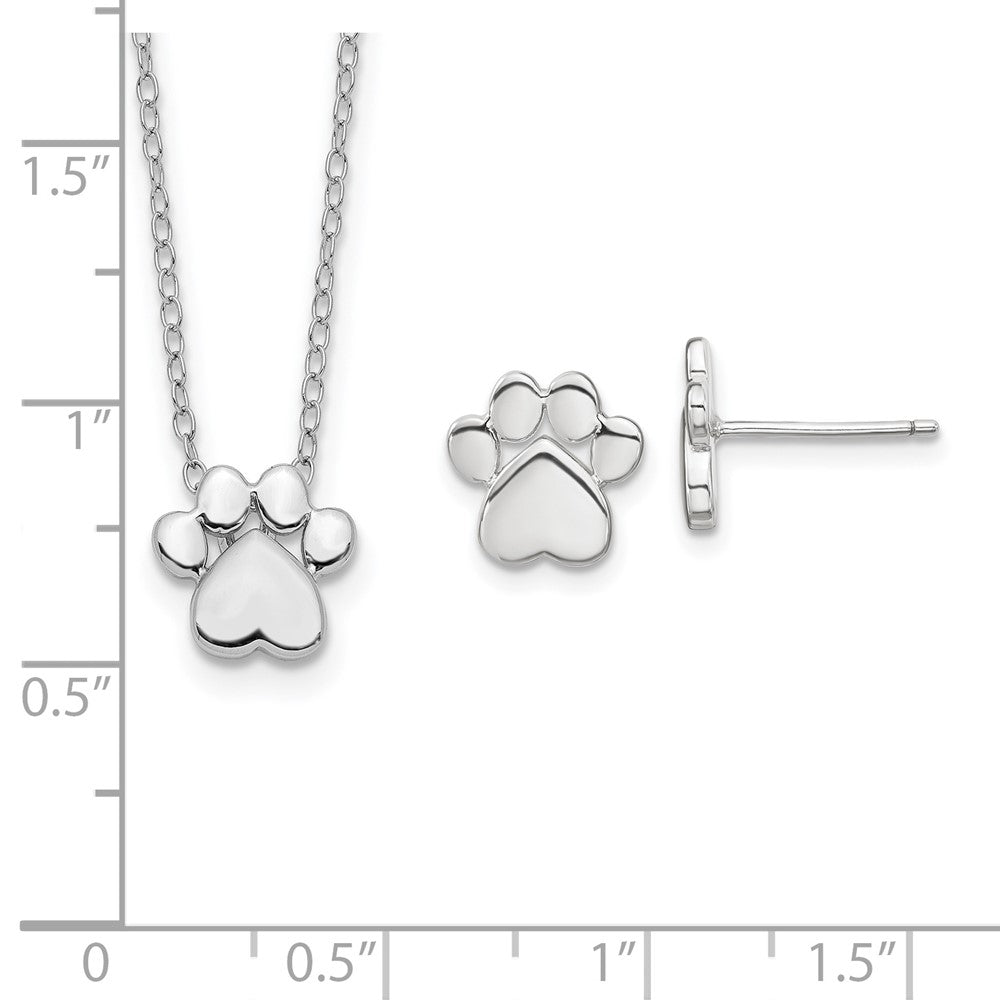 Sterling Silver Rh-Plated Paw Print W/2 In Ext. Post Earring Necklace Set