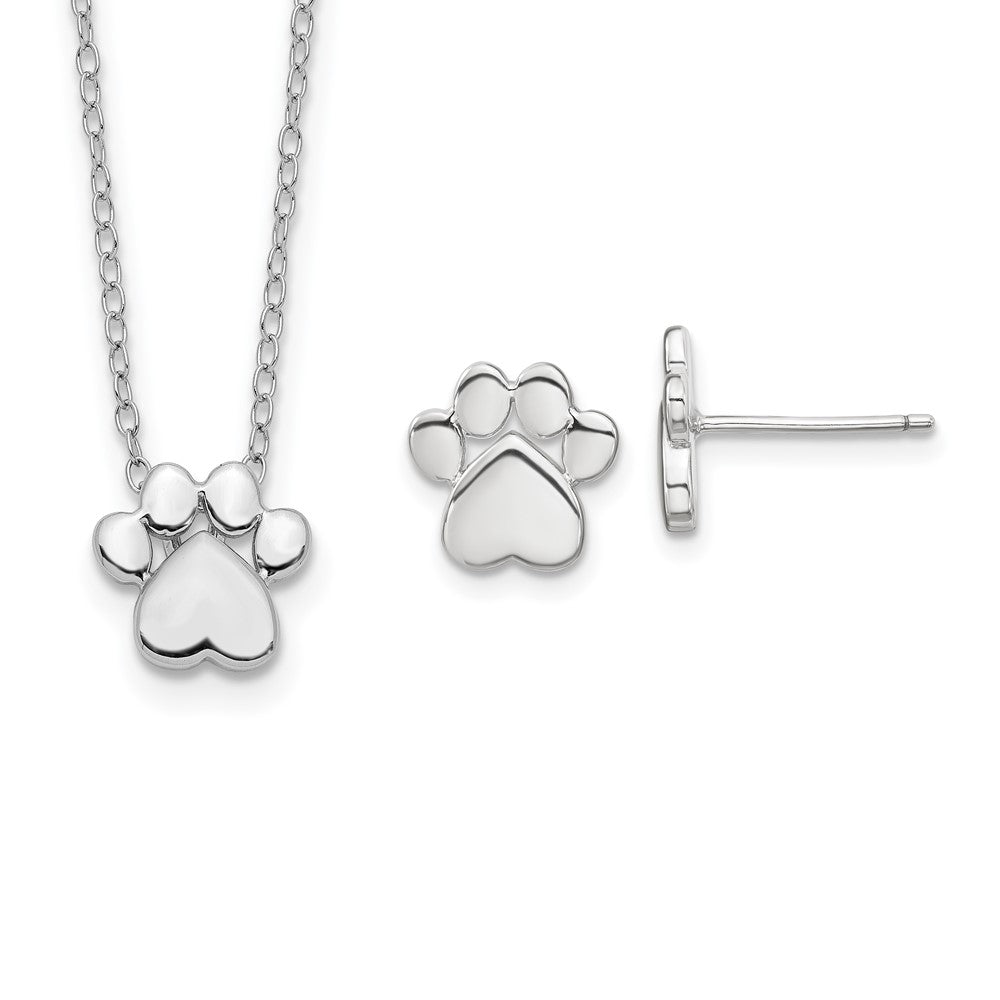 Sterling Silver Rh-Plated Paw Print W/2 In Ext. Post Earring Necklace Set