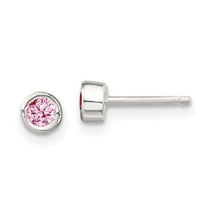 Sterling Silver Polished Pink Bezel Set Cz Children'S 14In Necklace And Stud Earrings